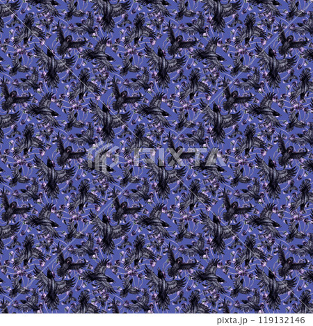 Seamless pattern with black ravens and purple toadstools. Watercolor illustration of magic birds in a realistic style on a blue background. Template design element for Halloween prints, fairy tales 119132146