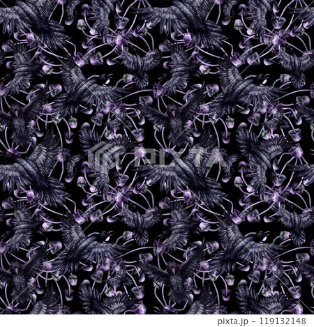 Seamless pattern with black ravens and purple toadstools. Watercolor illustration of magic birds in a realistic style on a black background. Template design element for Halloween prints, fairy tales 119132148