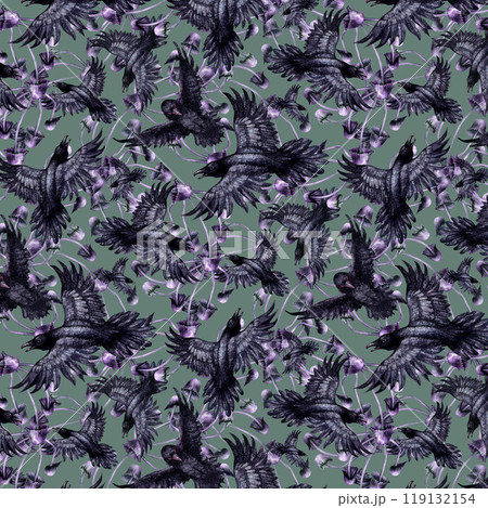Seamless pattern with black ravens and purple toadstools. Watercolor illustration of magic birds in a realistic style on a green background. Template design element for Halloween prints, fairy tales Seamless pattern with black ravens and purple toadstools. Watercolor illustration of magic birds in a realistic style on a green background. Template design element for Halloween prints, fairy tales 119132154