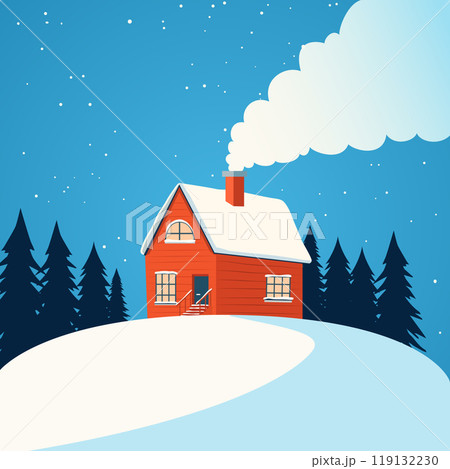 Cabin surrounded by snow and pine trees, with smoke rising from the chimney 119132230