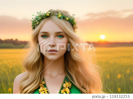beautiful woman in a dress enjoying blooming pink globe amaranth or bachelor button flower field 119132253