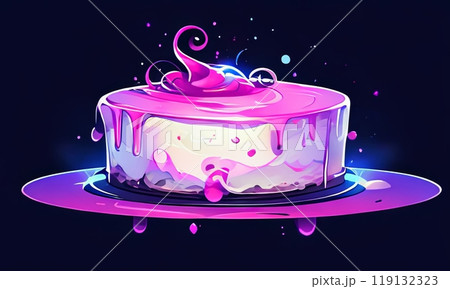 Cheesecake features smooth, creamy base that is elegantly topped with glossy layer of colorful icing, which drips slightly down sides. For advertise cafe, patisserie, restaurant, food blog, cookbook. 119132323