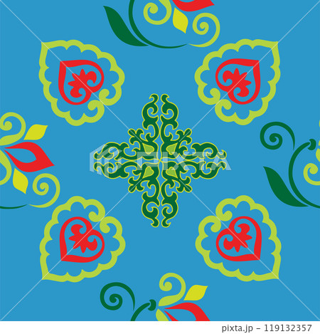 Floral pattern Tatar Native Ornamental border with tulips. Culture of the Tatar people, symbols of green and red Floral pattern Tatar Native Ornamental border with tulips. Culture of the Tatar people, symbols of green and red 119132357