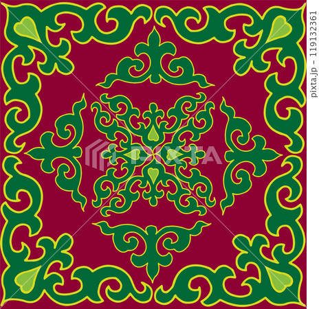 Floral pattern Tatar Native Ornamental border with tulips. Culture of the Tatar people, symbols of green and red Floral pattern Tatar Native Ornamental border with tulips. Culture of the Tatar people, symbols of green and red 119132361