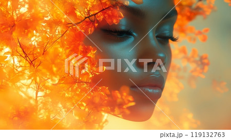 Ethereal beauty portrait surrounded by vibrant orange flowers and gentle light 119132763