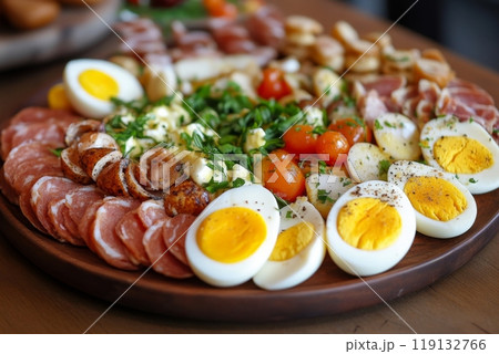 Colorful charcuterie board with meats, eggs, and vegetables 119132766