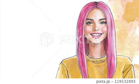 Teen Latino Woman with Pink Straight Hair watercolor illustration. 119132893