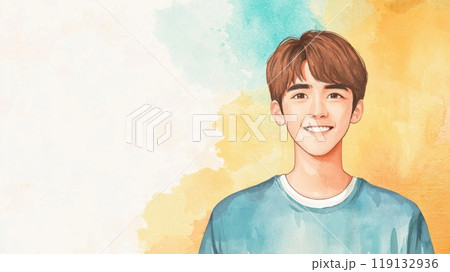 Teen Chinese Man with Brown Straight Hair watercolor illustration. 119132936