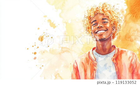 Teen Black Man with Blond Curly Hair watercolor illustration. 119133052