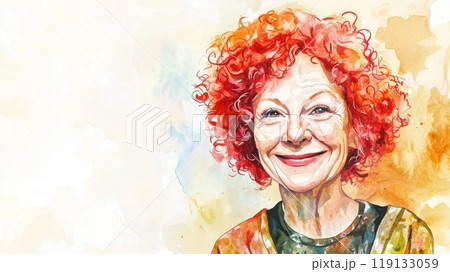 Old White Woman with Red Curly Hair watercolor illustration. Old White Woman with Red Curly Hair watercolor illustration. 119133059
