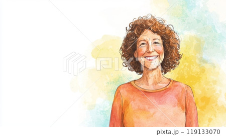 Old White Woman with Brown Curly Hair watercolor illustration. 119133070