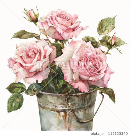 A charming arrangement of soft pink roses in a weathered metal bucket highlights the enchanting beauty of watercolour techniques, capturing nature's elegance A charming arrangement of soft pink roses in a weathered metal bucket highlights the enchanting beauty of watercolour techniques, capturing nature's elegance 119133340