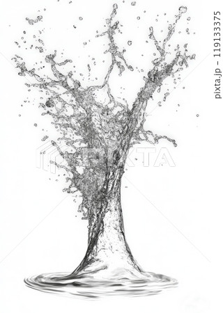 Water erupts and splashes upward, creating an intricate display of droplets and waves against an empty white background, embodying energy and fluidity Water erupts and splashes upward, creating an intricate display of droplets and waves against an empty white background, embodying energy and fluidity 119133375