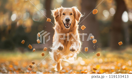 A Golden Retriever joyfully jumps in mid-air, surrounded by scattered treats, while vibrant autumn leaves blanket the ground in a sunlit park A Golden Retriever joyfully jumps in mid-air, surrounded by scattered treats, while vibrant autumn leaves blanket the ground in a sunlit park 119133413