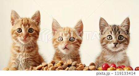 Three playful kittens display a mix of curiosity and surprise as they stare at an enticing pile of dry cat food, surrounded by colorful snacks, set against a clean background Three playful kittens display a mix of curiosity and surprise as they stare at an enticing pile of dry cat food, surrounded by colorful snacks, set against a clean background 119133414