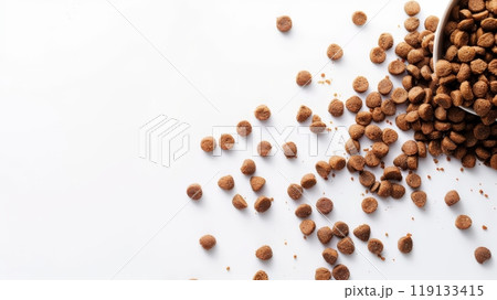 Dry cat food is scattered across a clean white surface, showcasing its texture and shape, providing an appealing option for pet owners looking to feed their kittens Dry cat food is scattered across a clean white surface, showcasing its texture and shape, providing an appealing option for pet owners looking to feed their kittens 119133415