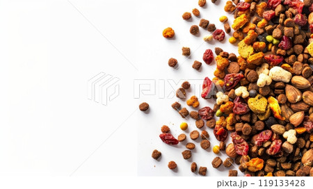 A vibrant mix of dry pet food covers part of a bright white background, highlighting different shapes and ingredients meant for pet nutrition and enjoyment 119133428