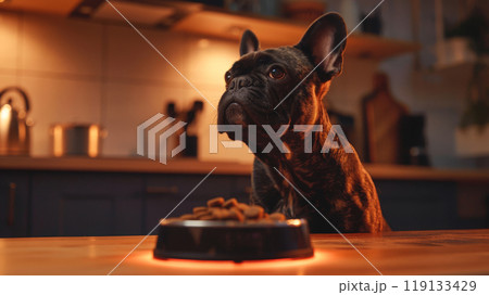 In a warm kitchen, a curious French Bulldog sits attentively at a table, captivated by dog food mysteriously floating above a bowl. The soft glow adds to the enchanting atmosphere 119133429