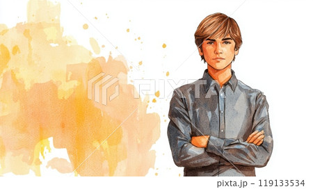 Teen Latino Man with Brown Straight Hair watercolor illustration. 119133534