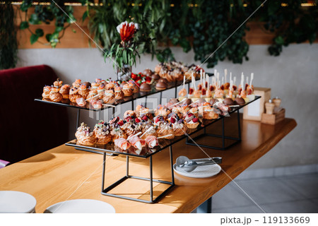 Assorted gourmet appetizers and desserts on display, luxury events, catering, and celebrations 119133669
