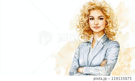 Adult Persian Woman with Blond Curly Hair watercolor illustration. 119133873