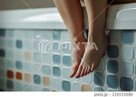 Serene Bath Time with Elegant Tiles 119133890