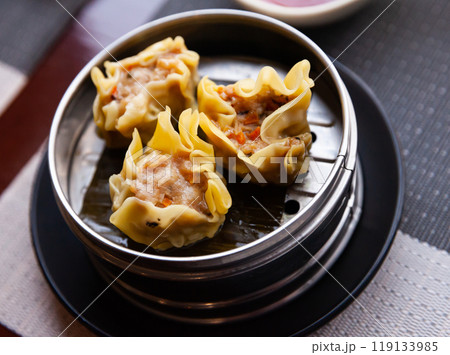 Japanese tasty dumplings siumai in steamer, nobody Japanese tasty dumplings siumai in steamer, nobody 119133985