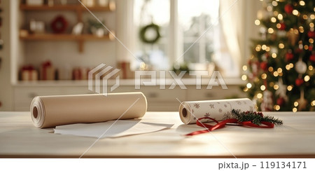 Minimalistic christmas gift wrapping scene with festive decor in cozy home setting 119134171