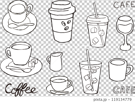 Black and white pen drawing of coffee and drinks illustration 119134779