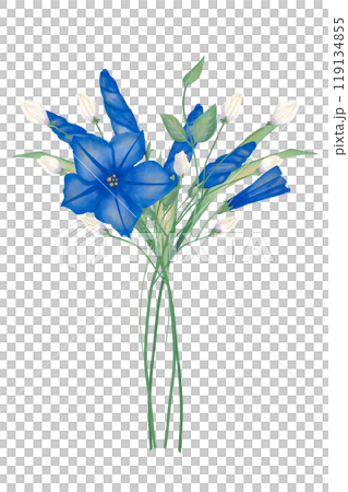 Bouquet of blue and white flowers composition with peonies, grass, stems, wedding watercolor illustration for printing and web design	 119134855