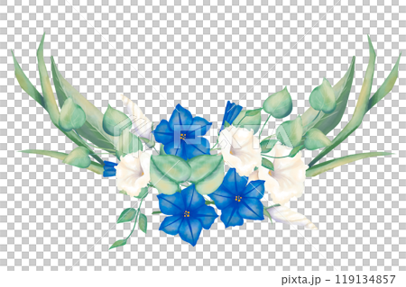 Composition with flowers, buds, leaves, stems, grass petunia blue and white, wedding watercolor illustration for printing and web design Composition with flowers, buds, leaves, stems, grass petunia blue and white, wedding watercolor illustration for printing and web design 119134857