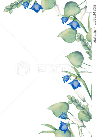 Border frame with bellflower flowers and leaves, white pitunia buds, grass stems and green wheat ears, wedding watercolor illustration for printing and web design Border frame with bellflower flowers and leaves, white pitunia buds, grass stems and green wheat ears, wedding watercolor illustration for printing and web design 119134858