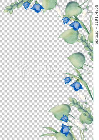 Border frame with bellflower flowers and leaves, white pitunia buds, grass stems and green wheat ears, wedding watercolor illustration for printing and web design Border frame with bellflower flowers and leaves, white pitunia buds, grass stems and green wheat ears, wedding watercolor illustration for printing and web design 119134858