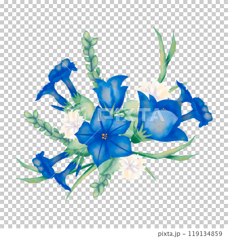Floral arrangement with petunia flowers and bell flowers blue and white, foliage and ears green, festive watercolor illustration for printing and web design 119134859