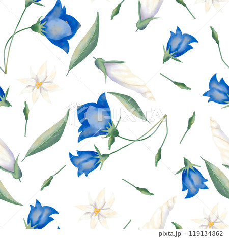 Seamless pattern with blue bell flowers, white petunia buds and green leaves, wedding watercolor illustration for printing and web design Seamless pattern with blue bell flowers, white petunia buds and green leaves, wedding watercolor illustration for printing and web design 119134862