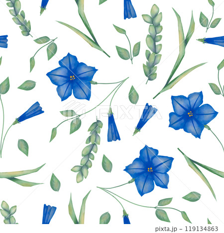 Seamless pattern with petunia flowers and leaves, grass stems and green wheat ears, wedding watercolor illustration for printing and web design	 119134863