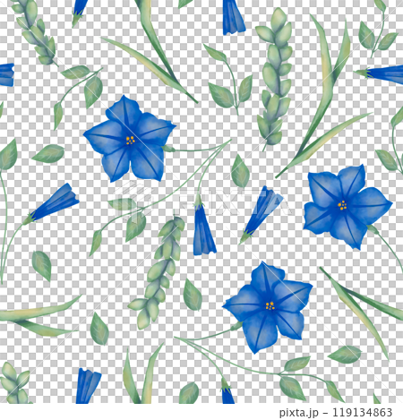 Seamless pattern with petunia flowers and leaves, grass stems and green wheat ears, wedding watercolor illustration for printing and web design	 119134863