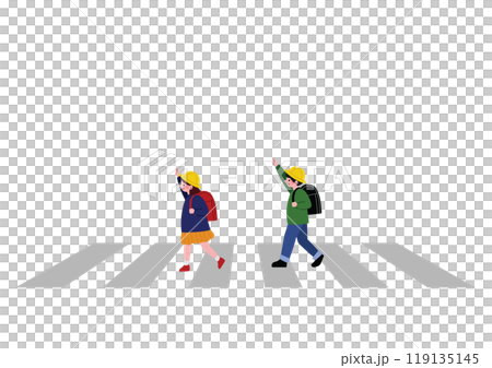 Illustration of elementary school students raising their hands and crossing the street 119135145