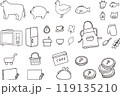 キッチンと買い物の落書きペン画イラスト（白黒） 119135210
