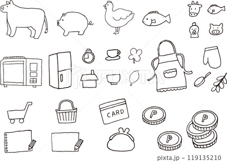キッチンと買い物の落書きペン画イラスト（白黒） 119135210