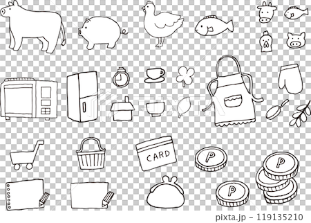 キッチンと買い物の落書きペン画イラスト（白黒） 119135210