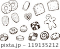 クッキーと焼き菓子の白黒ペン画イラスト 119135212