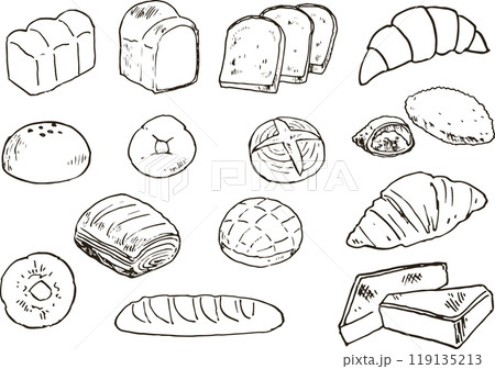 様々な種類のパンの白黒ペン画イラスト 119135213