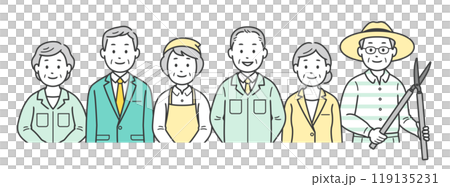 Upper body illustrations of various jobs for elderly men and women in their second lives Upper body illustrations of various jobs for elderly men and women in their second lives 119135231