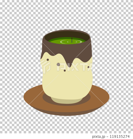Vector illustration of a teacup filled with green tea with tea leaves standing 119135274
