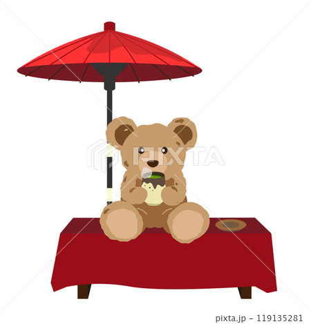 茶屋で緑茶を飲むクマのぬいぐるみのイラスト 119135281