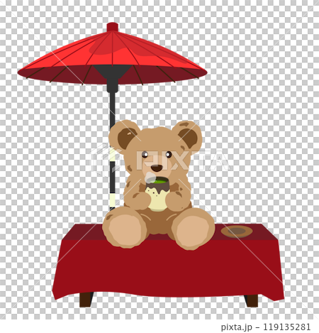茶屋で緑茶を飲むクマのぬいぐるみのイラスト 119135281