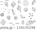 貝殻と海の手描きペン画イラストセット（白黒） 119135298