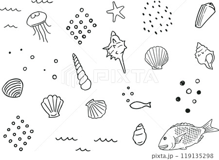 貝殻と海の手描きペン画イラストセット（白黒） 119135298