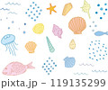 貝殻と海の手描きペン画イラストセット（カラー） 119135299